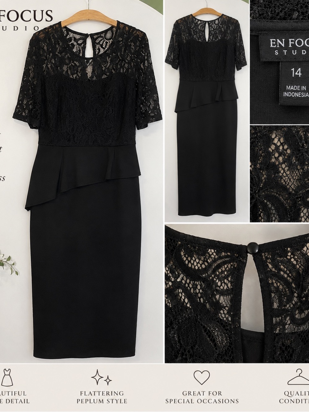 Enfocus Studio Black Lace Peplum Maxi Dress